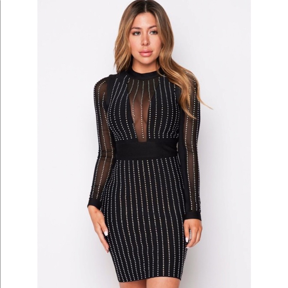 Long Sleeve Rhinestone Mesh Dress
